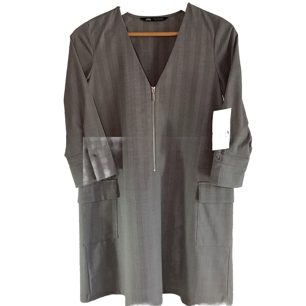 Zara Women‎ Casual Sheeth Dress 3/4 Sleeve Black & White Plaid Zip  Size XS